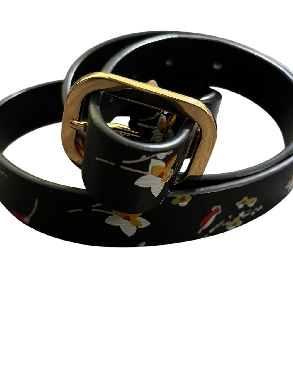 Lauren Ralph Lauren Floral Leather Belt Womens Black Skinny Gold Buckle Sz M - Picture 2 of 12